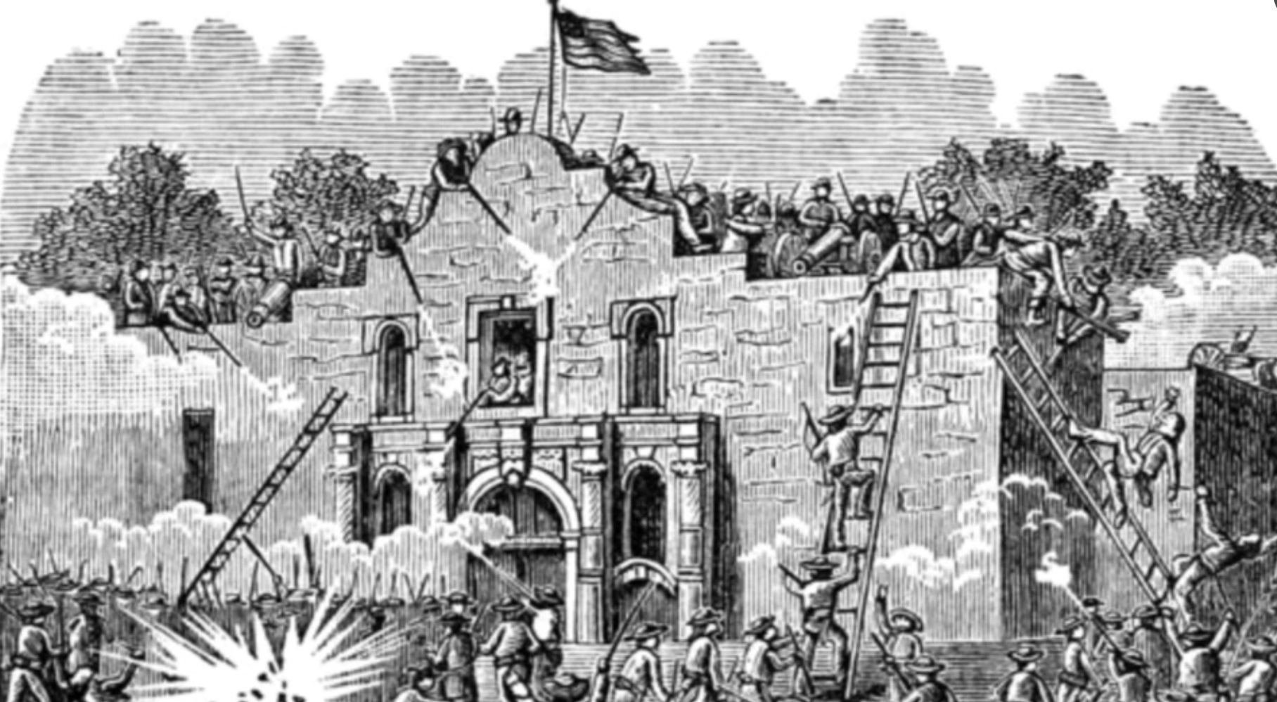 Two Medium Sized Ladies Battle of the Alamo drawing San Antonio Santa Anna Jim Bowie Davy Crocket fight for Texas independence