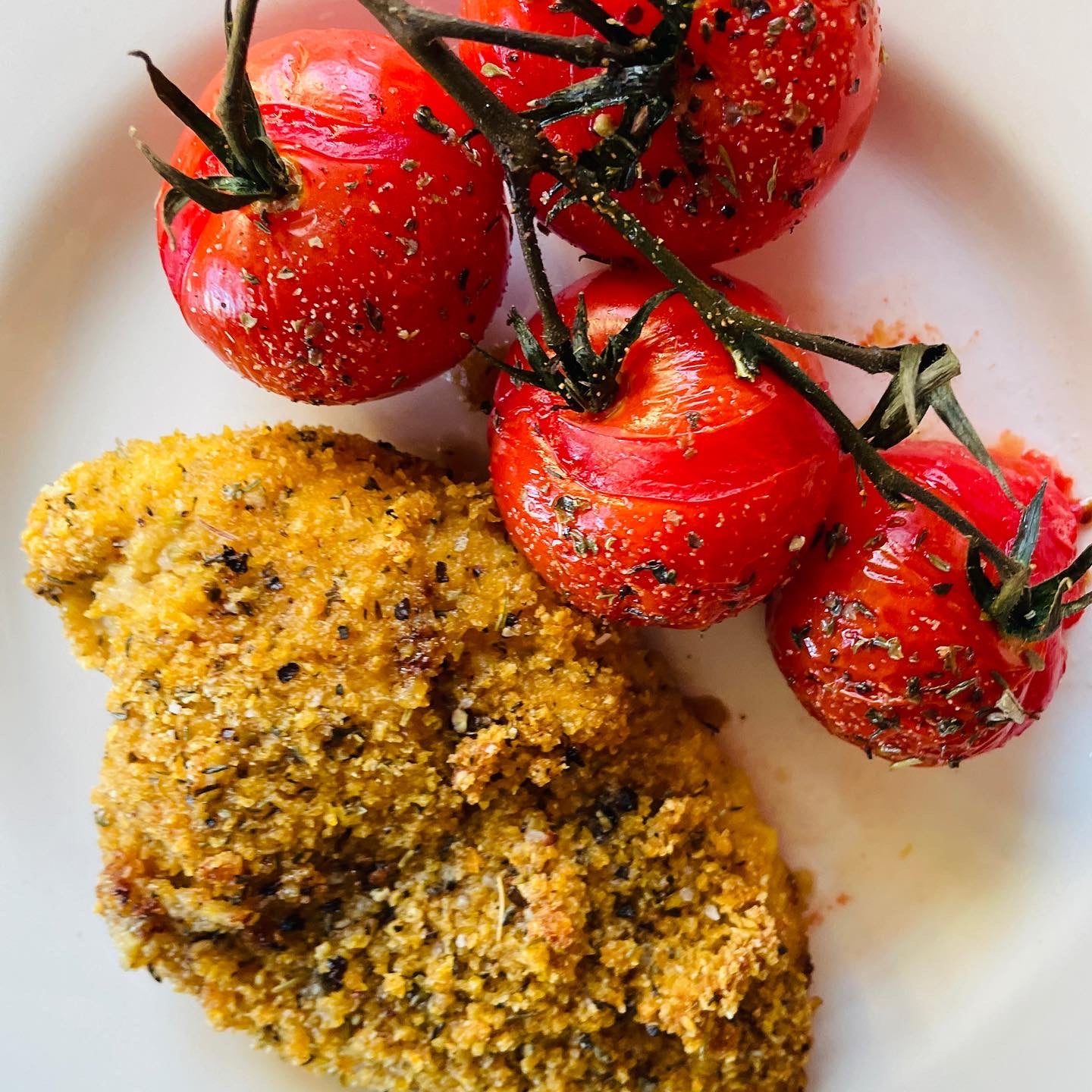 Two Medium Sized Ladies cornflake crusted baked chicken breast and roasted tomatoes on the vine original recipe